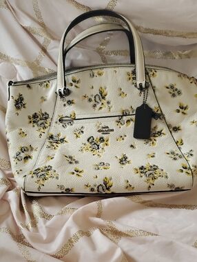 Coach Floral Pebble Leather Satchel in Ivory, Yellow and Black
